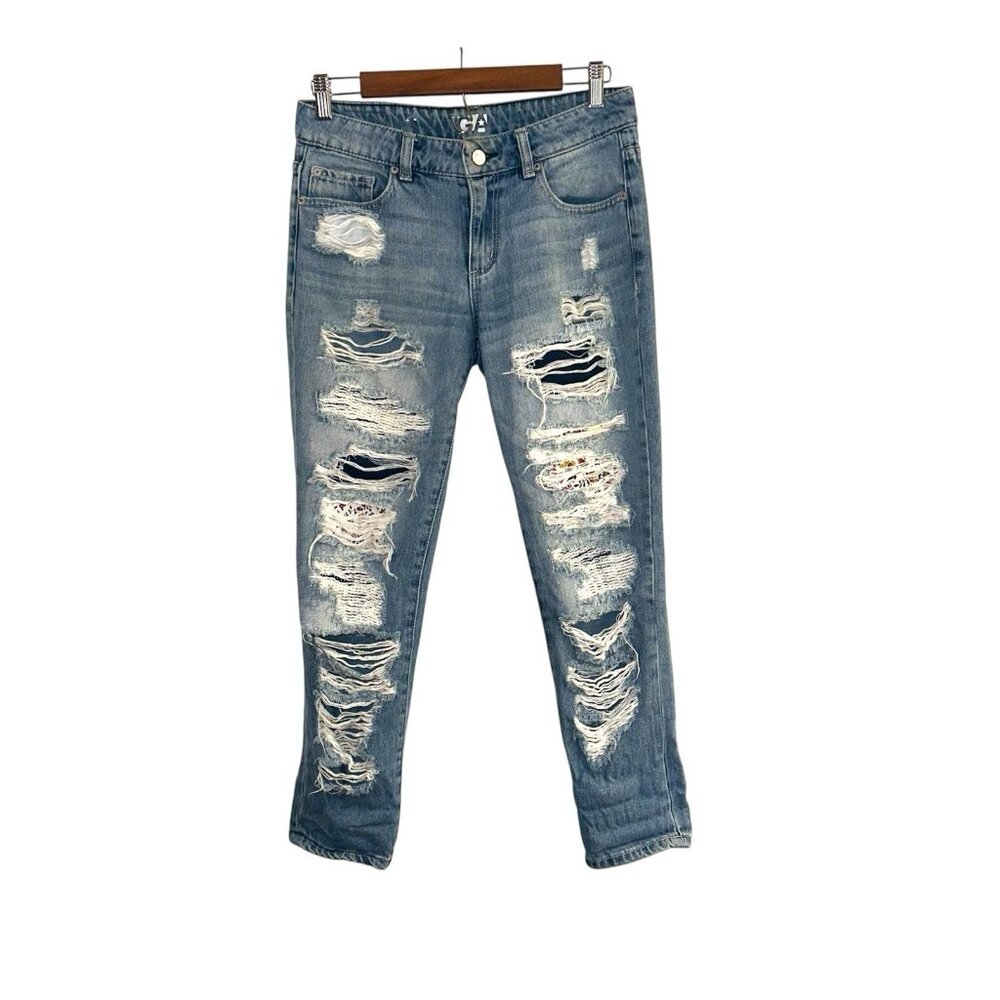 Garage Distressed Medium Wash Patchwork Mom Hipster Skinny Ankle Jeans Size 8